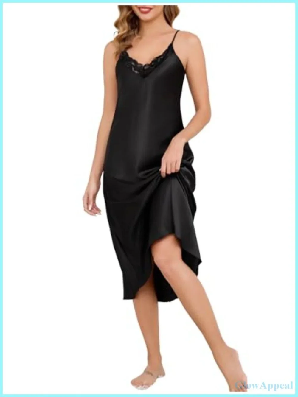 Women's Satin Nightgown with Lace Trim Adjustable Straps Silky Long Chemise